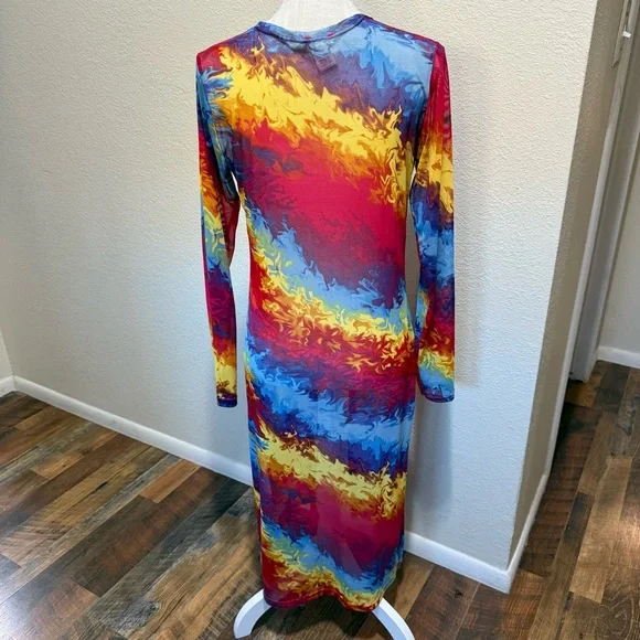 NYC Rainbow Multicolor Mesh Rave Open Front Sheer Disco Duster Cardigan Medium - Picture 4 of 16